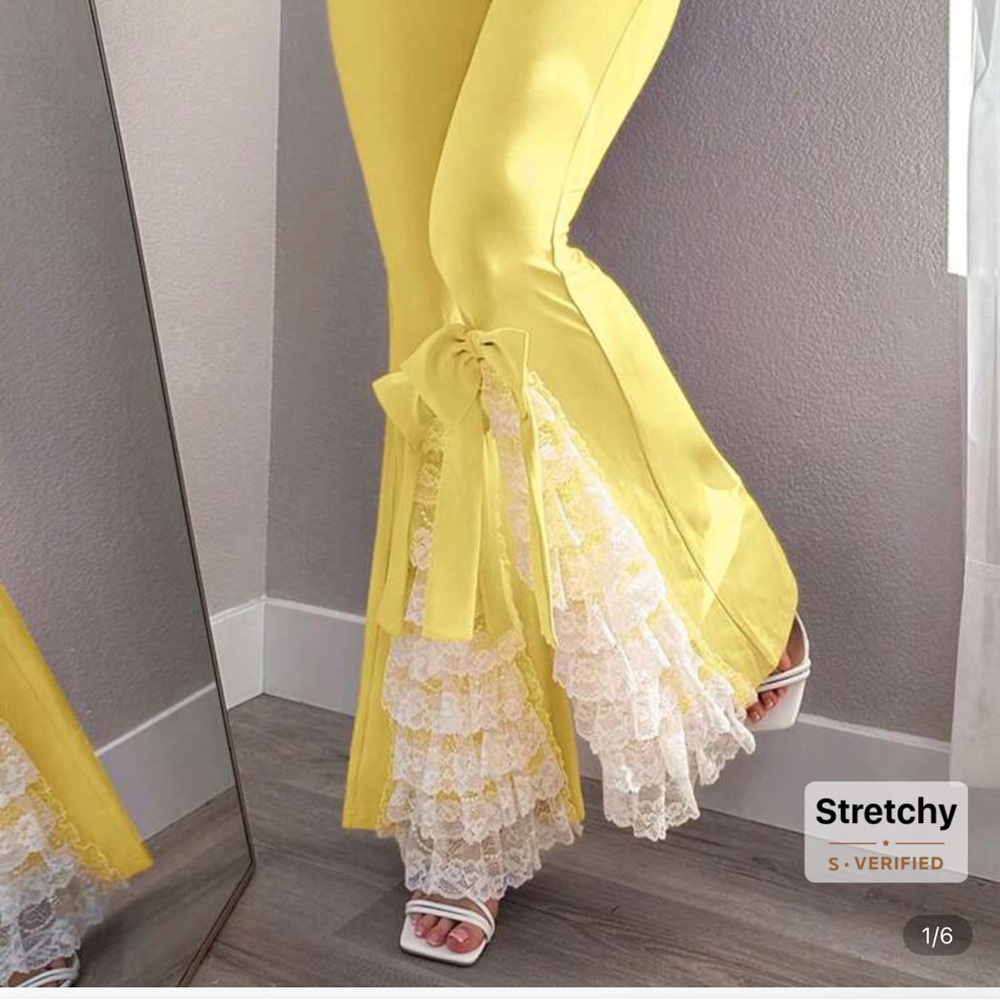 Yellow Flared Pants with Lace Trim